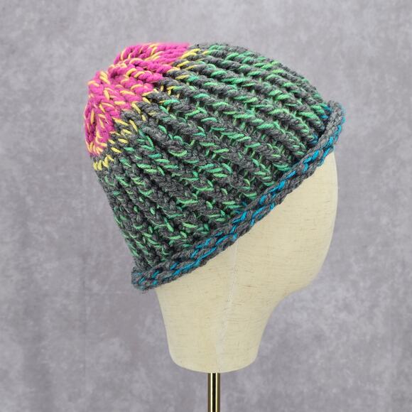 Green Pink Crochet Knit Bucket Cap Hat Fun Vintage Y2K Funky Beanie - Picture 1 of 4